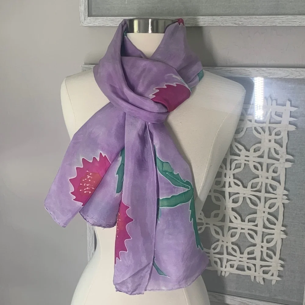 Lavender/Purple, pink and green floral silk scarf